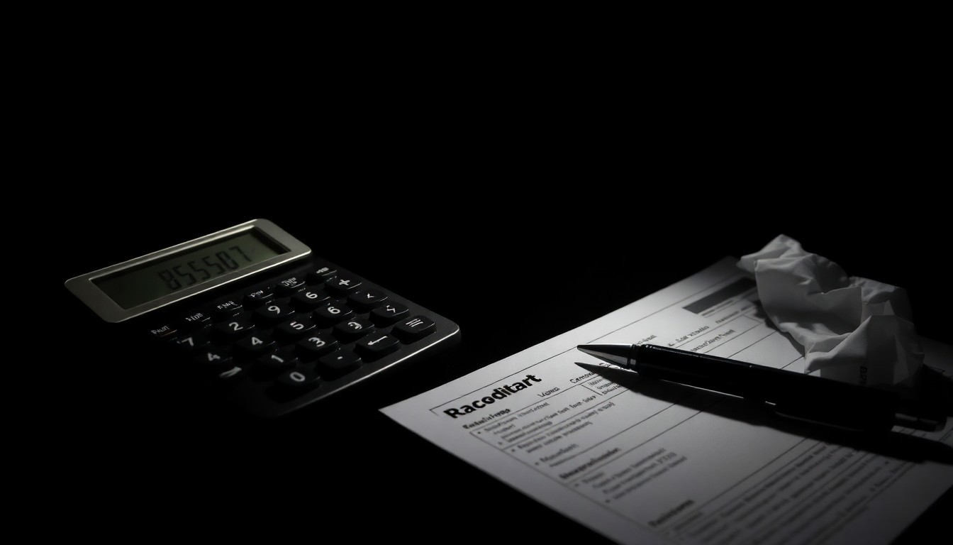 An extreme close-up photograph of a calculator, a pen, and a crumpled tax form, lit by a harsh, direct camera flash against a pitch-black background, creating a stark, gritty, investigative aesthetic.