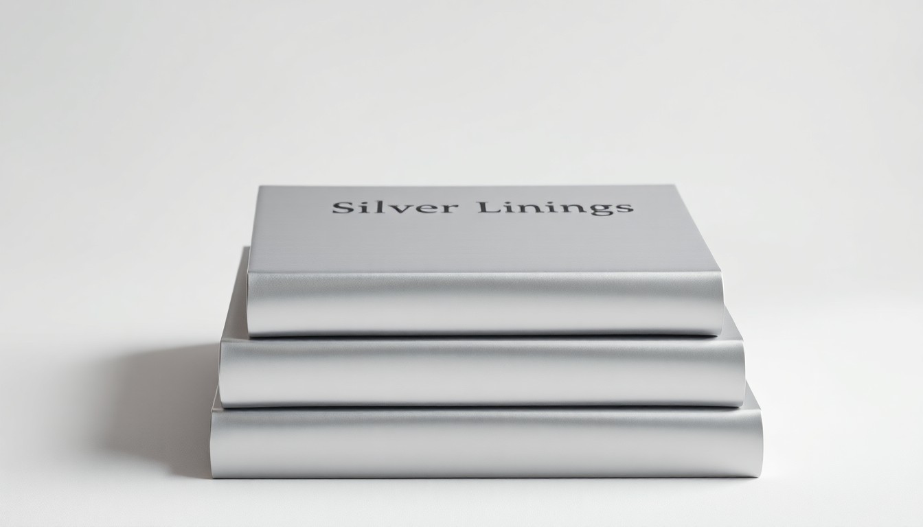 A high-end, photorealistic studio still-life photograph featuring a stack of hardcover books with a metallic silver cover, representing the memoir 