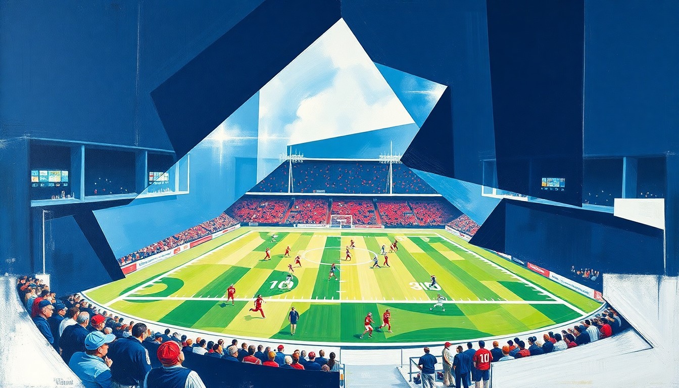 A cubist, geometric painting depicting fragmented and overlapping shapes in navy blue, white, and red, conceptually representing the complex strategic factors the Colts must weigh in addressing their running back needs.