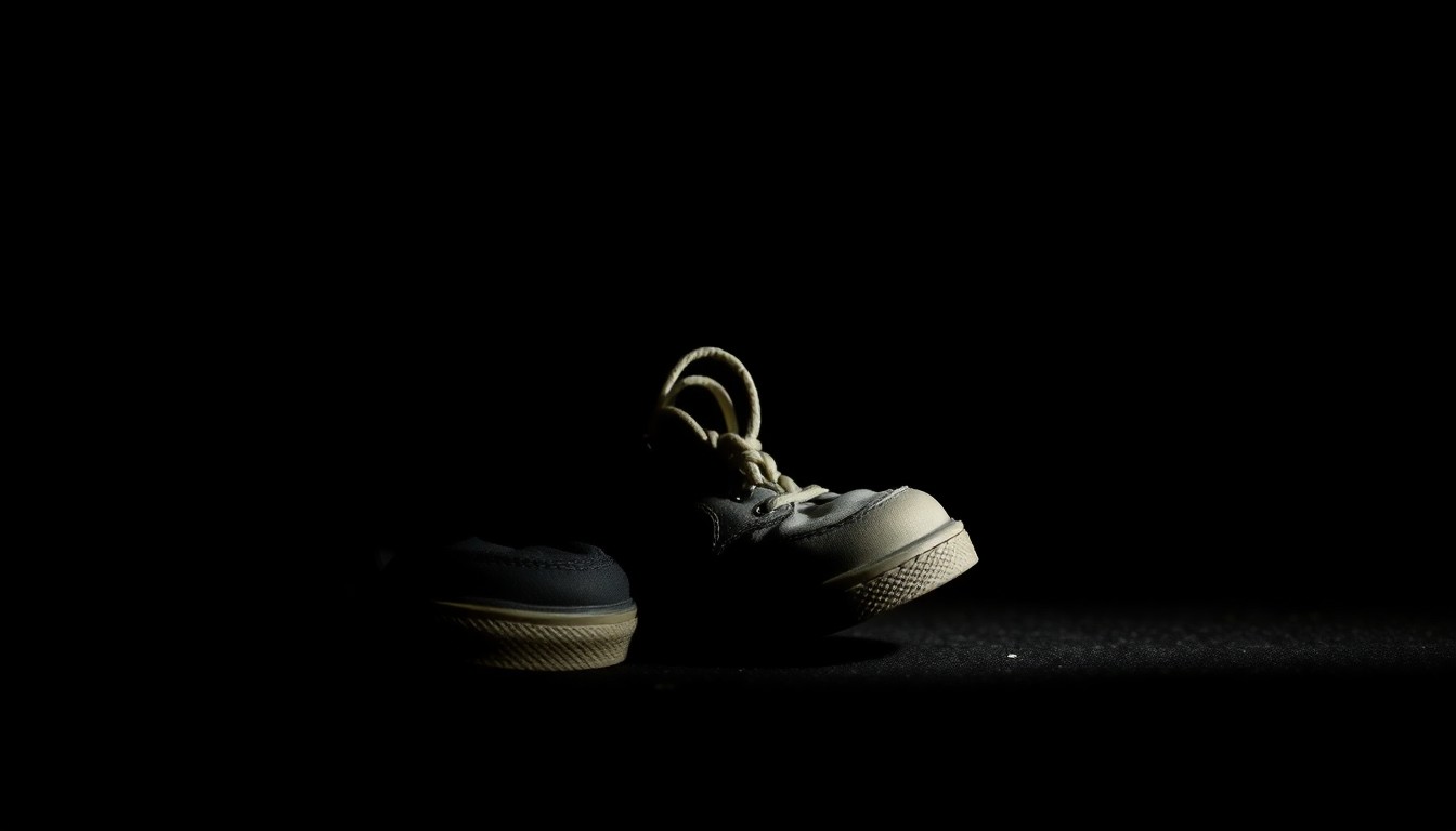An extreme close-up photograph of a child's shoe or personal item, lit by a harsh, direct camera flash against a pitch-black background, conveying a stark, gritty, investigative aesthetic.
