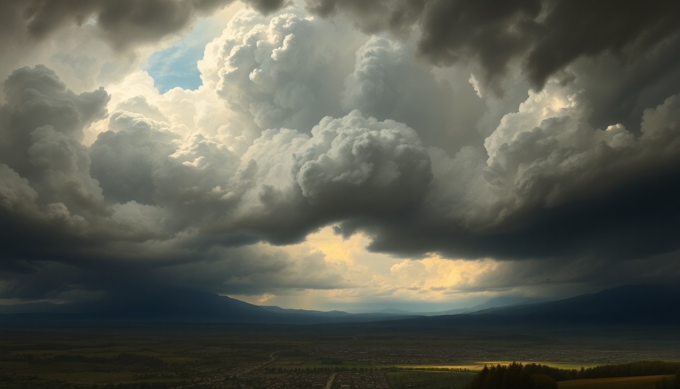 A vast, majestic landscape painting in muted tones of gray, blue, and gold, depicting an ominous storm system looming over a small town in the distance, conveying the overwhelming scale and power of the approaching weather event.