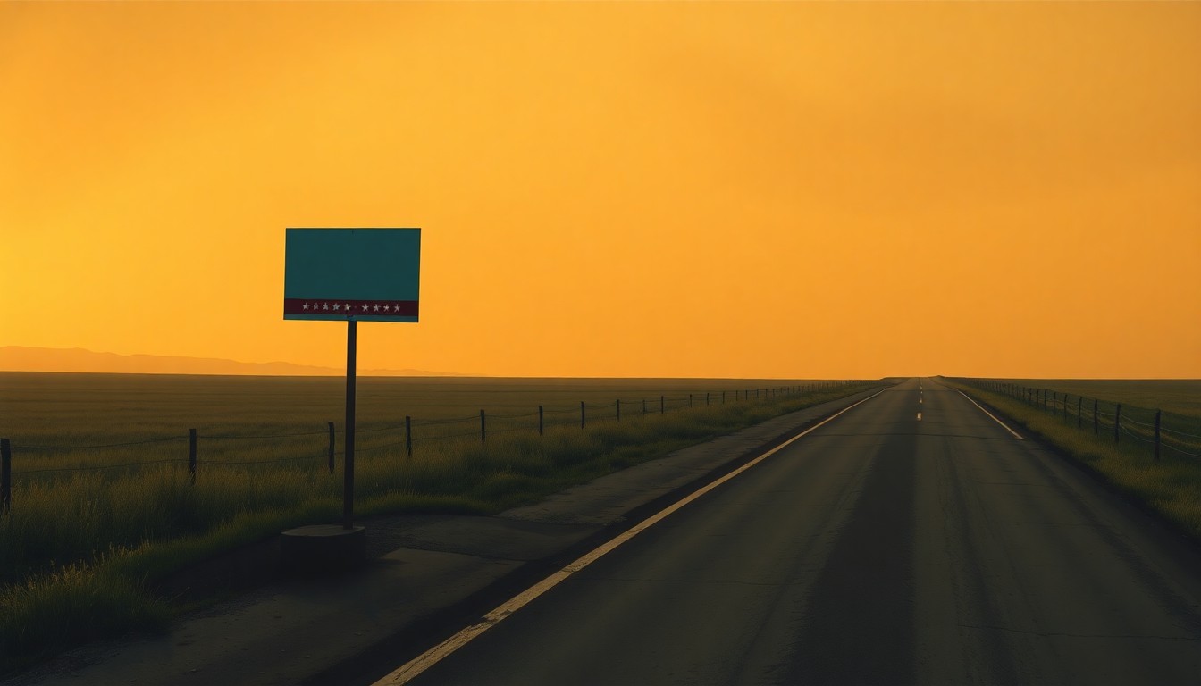 A serene, painterly scene of a solitary campaign sign on a rural roadside, with warm sunlight and deep shadows creating a contemplative, nostalgic mood.