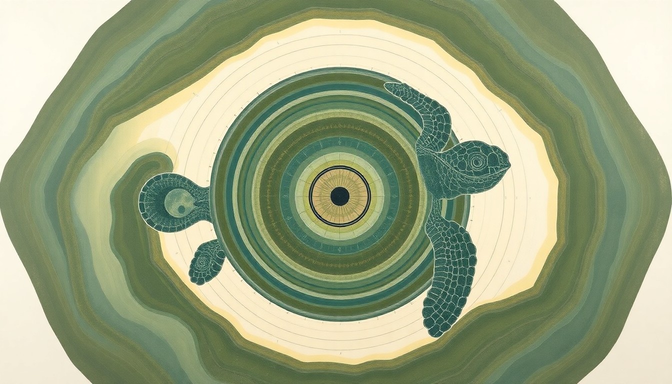 A bold, abstract painting in soft earth tones depicting the intricate migratory patterns and life cycle stages of a leatherback sea turtle through sweeping geometric shapes, concentric circles, and precise natural spirals, conveying the structural order and rhythms of this endangered species.