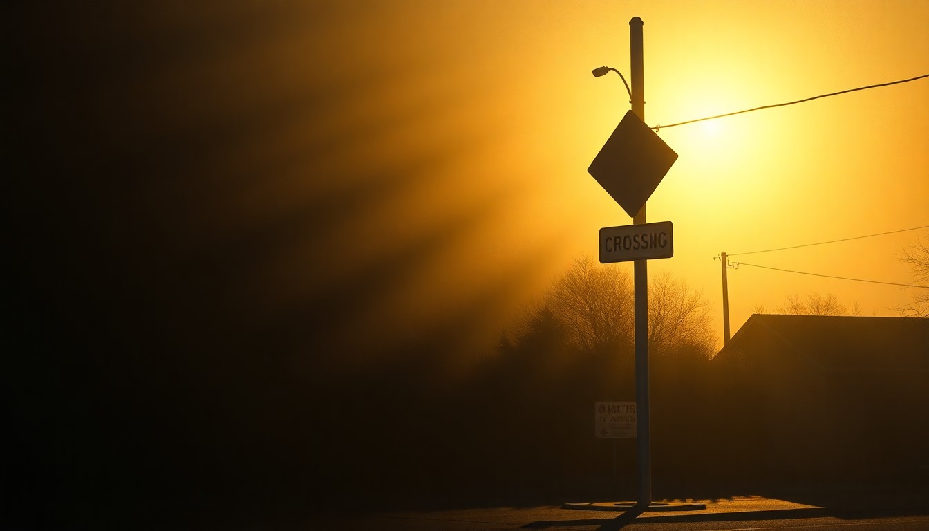 A serene, photorealistic painting of a school crossing sign standing alone on an empty city street, the sign's reflective surface catching the warm glow of the afternoon sun and casting long shadows across the pavement, conveying a sense of civic tension and unresolved conflict.
