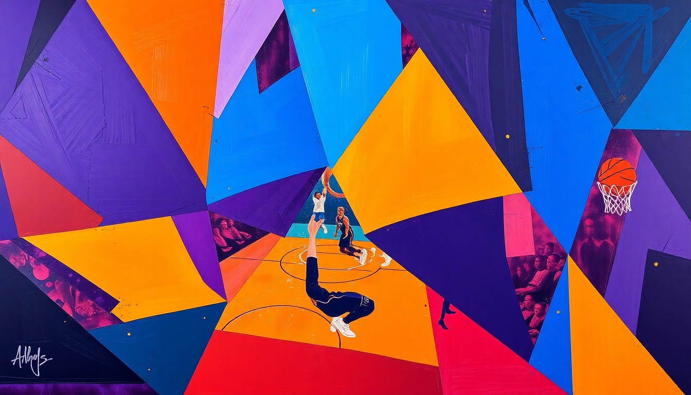 A cubist, geometric painting depicting a fragmented basketball game, with sharp planes of deep purple, royal blue, and bright orange representing the dynamic action on the court.