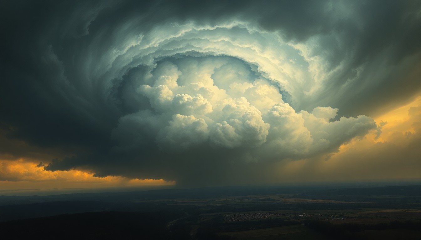 A vast, majestic landscape painting in muted tones, with a massive, swirling storm system dominating the horizon, dwarfing the small structures in the foreground and conveying a sense of the sublime, awe-inspiring scale of the weather event.