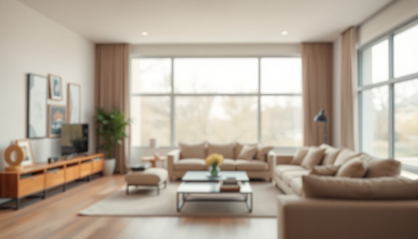 An extremely abstracted, out-of-focus photograph of a living room with large windows, capturing the warm, inviting atmosphere of a well-designed interior space through soft pools of muted colors and light.