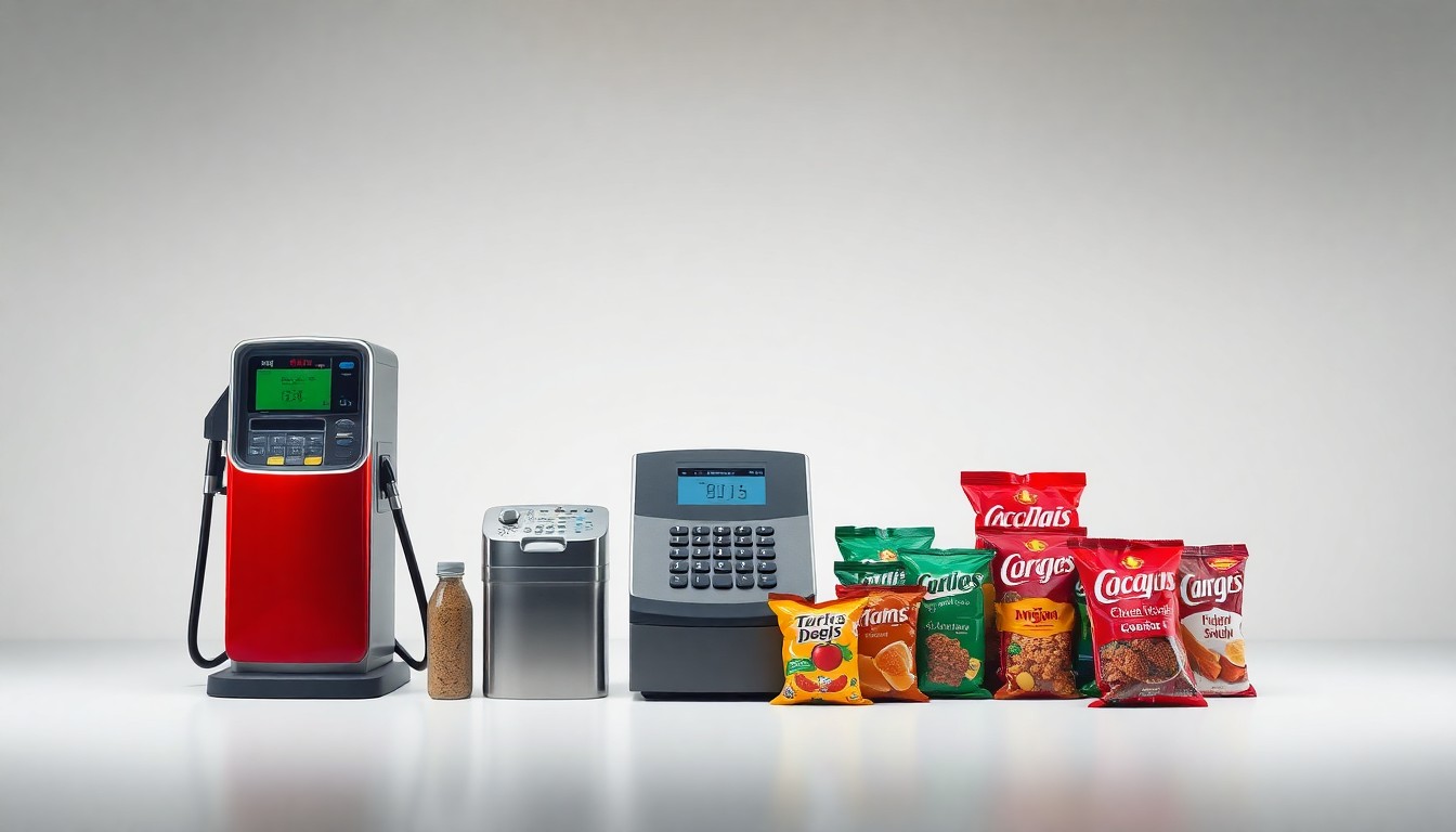 A high-end, photorealistic studio still-life photograph featuring a neatly arranged set of premium, polished objects representing the business of convenience retail, including a sleek gas pump, a modern cash register, and a selection of high-quality packaged snacks, set against a clean, monochromatic seamless background using sharp, dramatic studio lighting and deep shadows to convey a sense of corporate strategy and the abstract challenges facing the industry.