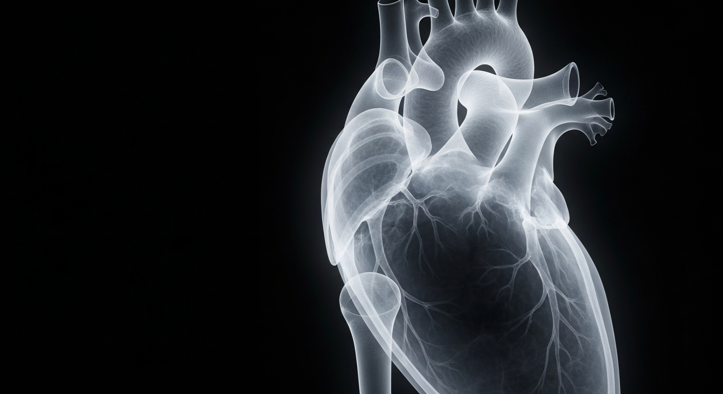 A translucent, ghostly X-ray photograph of a human heart, its intricate structures glowing against a dark background, conceptually representing the internal vulnerabilities of the healthcare system.