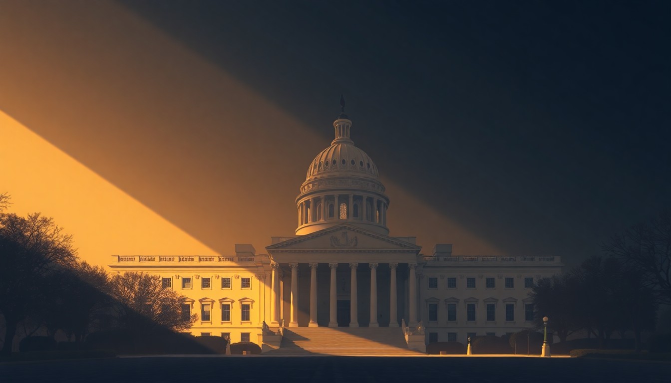A quiet, cinematic painting of an empty government building in Washington, D.C. bathed in warm, diagonal sunlight and deep shadows, conveying a sense of political unease and uncertainty.
