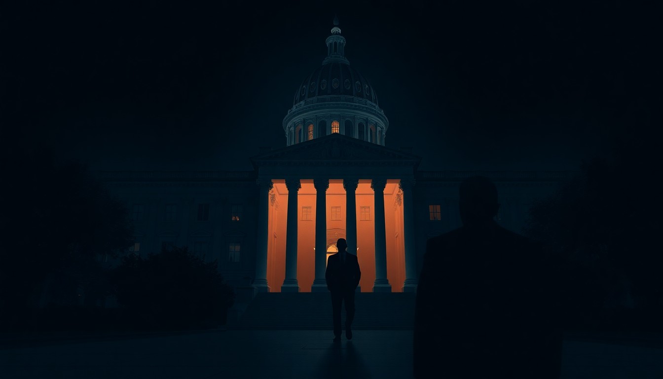 A moody, cinematic painting depicting a solitary, shadowy figure standing in front of a dimly lit government building, symbolizing the obscure nature of political wealth and influence.