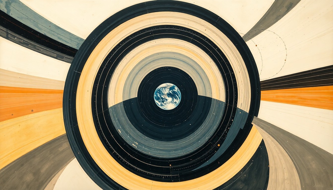 A highly abstract, geometric painting in muted tones of blue, green, and orange, depicting sweeping arcs and spiraling waveforms that suggest the complex forces and dynamics involved in the Artemis II spacecraft's return to Earth.