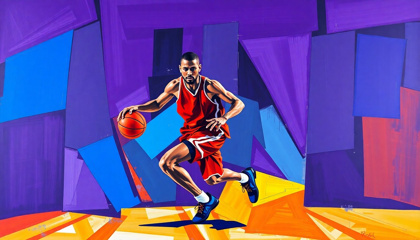 A cubist-style painting depicting a basketball player in motion, broken down into sharp, overlapping geometric shapes in deep purple, blue, and red tones, conveying the complex and uncertain future of the player's relationship with the team.