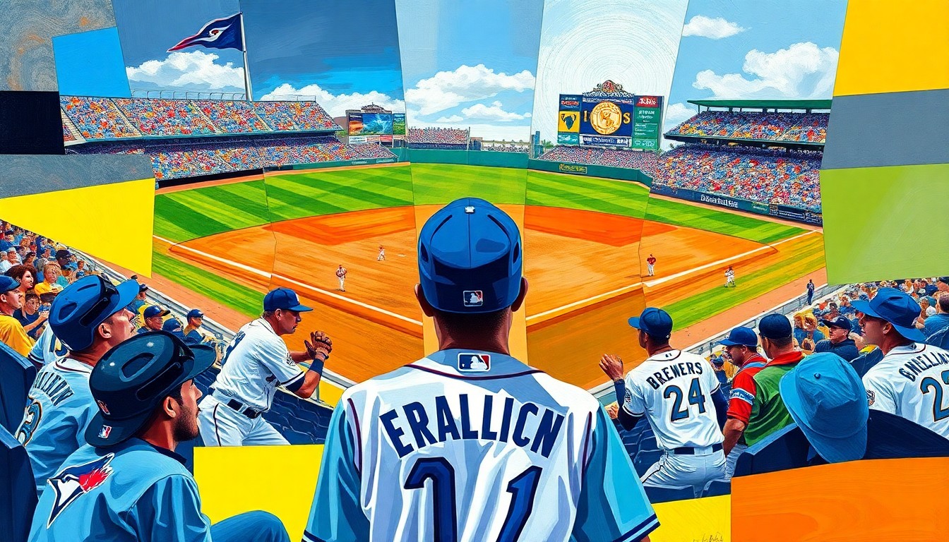 A cubist, geometric painting depicting a baseball game between the Toronto Blue Jays and Milwaukee Brewers, with sharp, overlapping shapes and planes of vibrant blue, red, and green colors representing the players and action on the field.
