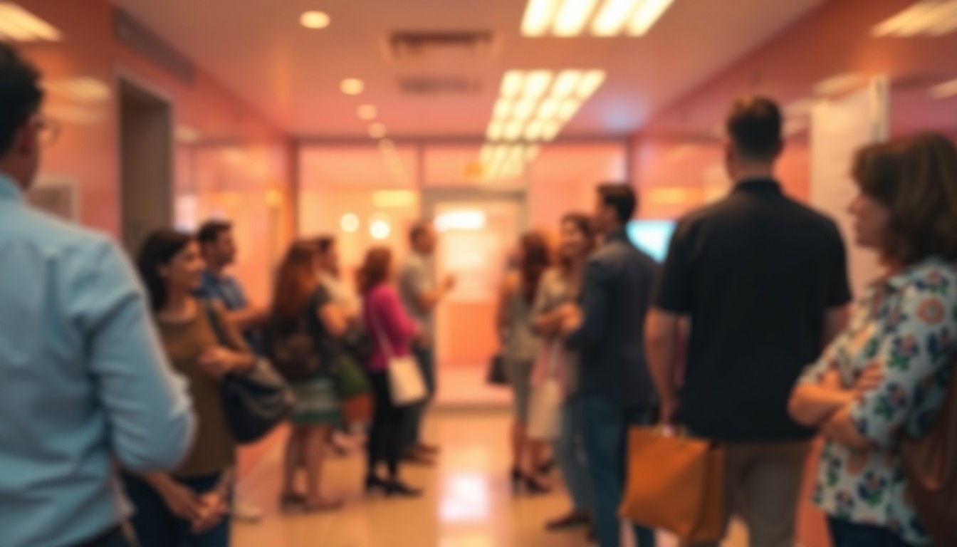An abstract, impressionistic photograph showing the blurred silhouettes of people interacting with a government office, with soft, warm pools of light and color creating a dreamlike, atmospheric scene that evokes the challenges of language barriers in accessing city services.