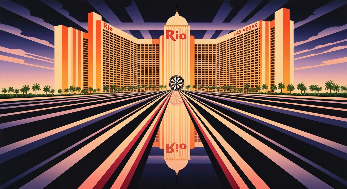 A highly stylized, geometric illustration in the Art Deco style, depicting the towering facade of the Rio Las Vegas hotel against a backdrop of sweeping gradients in shades of blue, purple, and gold, capturing the grand scale and spectacle of a professional darts tournament.
