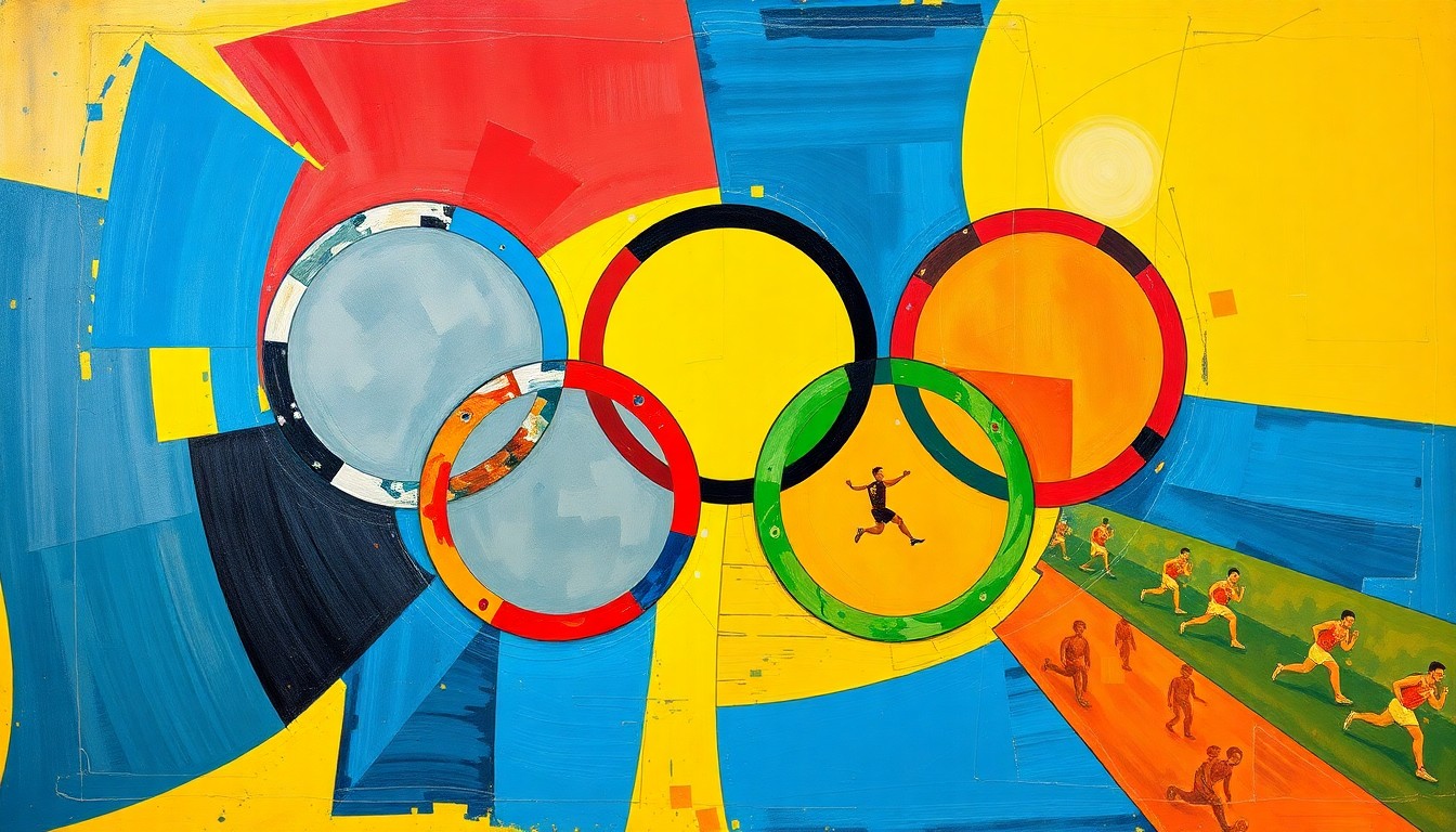 A fragmented, cubist-style painting depicting the iconic Olympic rings broken down into sharp, angular shapes in a bold color scheme, conceptually representing the tensions over ticket prices and local economic impact of the upcoming games.
