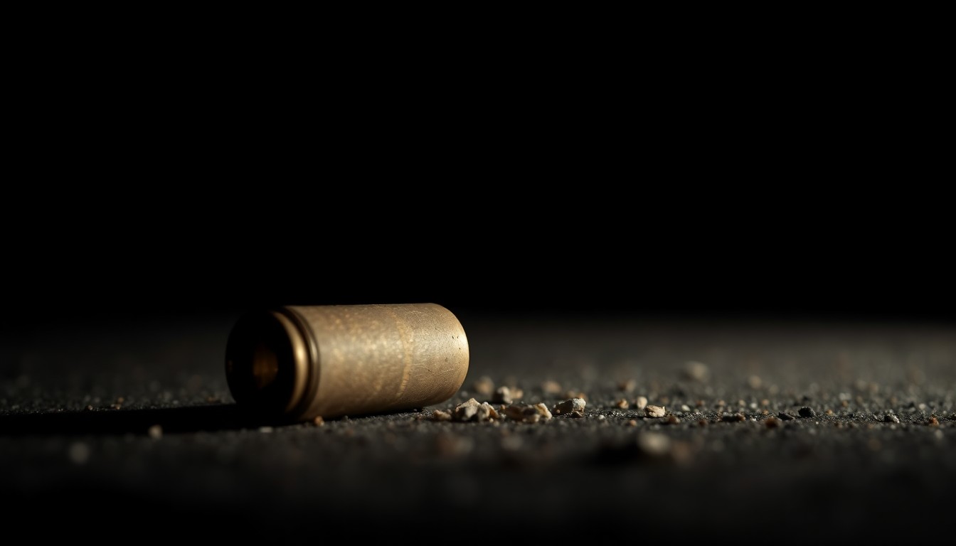 An extreme close-up of a spent bullet casing on the ground, reflecting a harsh, direct flash of light that creates a stark, gritty, and investigative visual aesthetic.