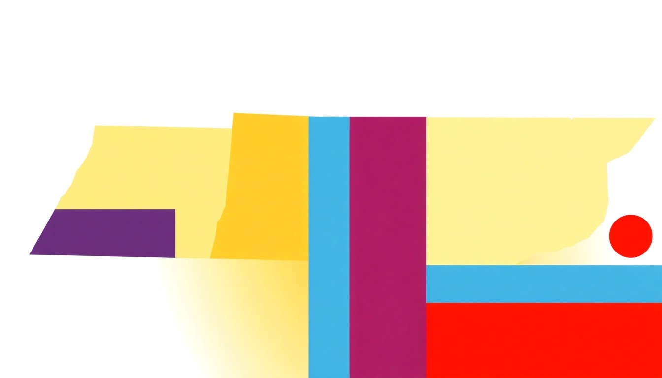 A geometric abstract illustration using bold shapes and primary colors to conceptually represent the slight rise in unemployment in Northeast Tennessee compared to the state's overall strong job market.