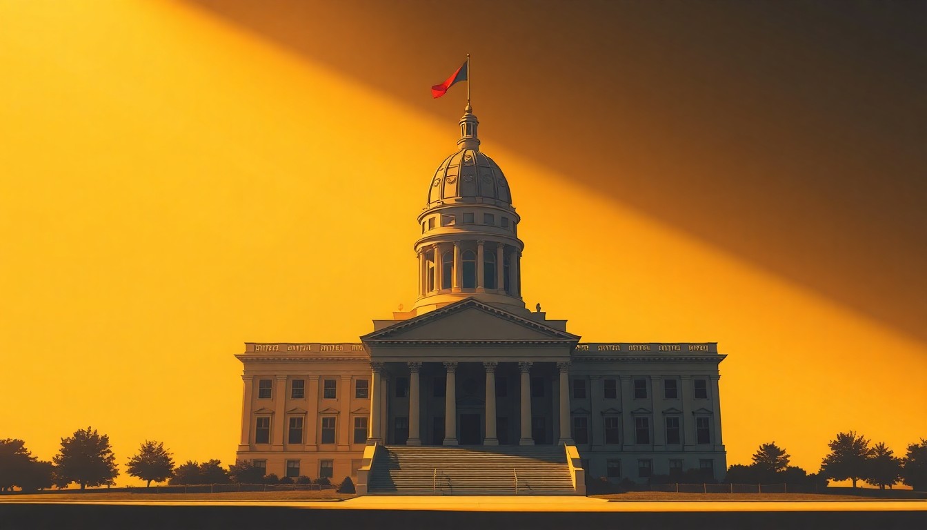 A photorealistic painting of the Louisiana state capitol building in Baton Rouge, rendered in the style of Edward Hopper with warm, dramatic lighting and deep shadows, conveying a sense of quiet political power and stability.