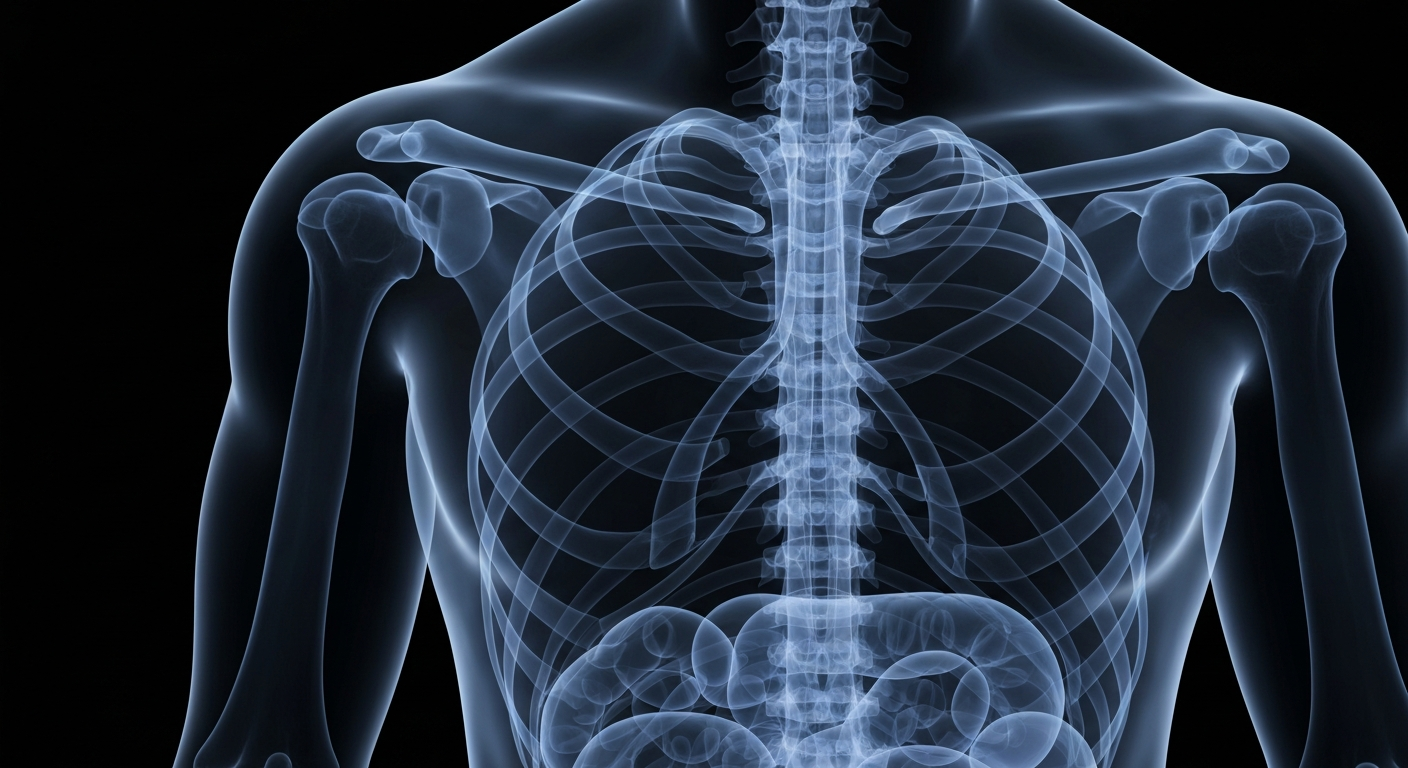 An extreme close-up X-ray photograph revealing the detailed skeletal structure and internal organs of a human torso, conveying the advanced medical capabilities required for a Level I Trauma Center.