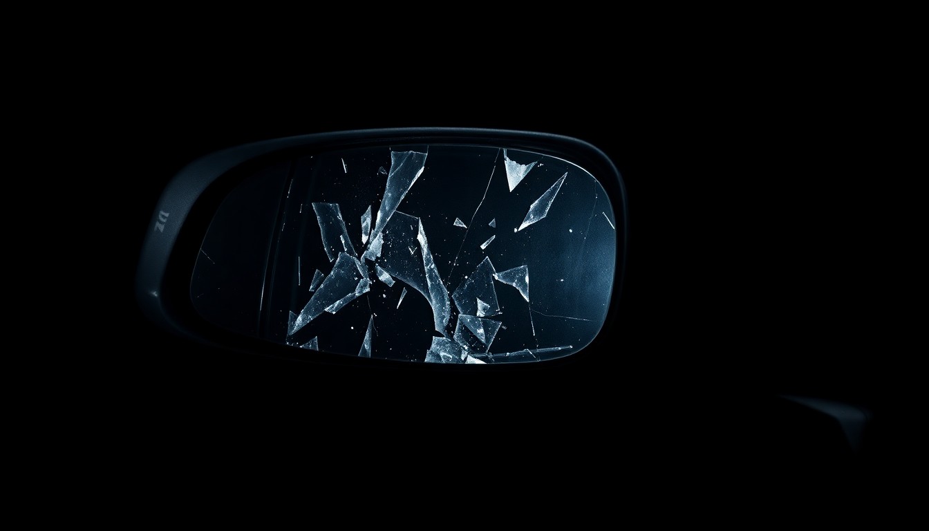 An extreme close-up of a shattered car side mirror, reflecting a faint light in the darkness, conceptually illustrating the aftermath of a high-speed pursuit.