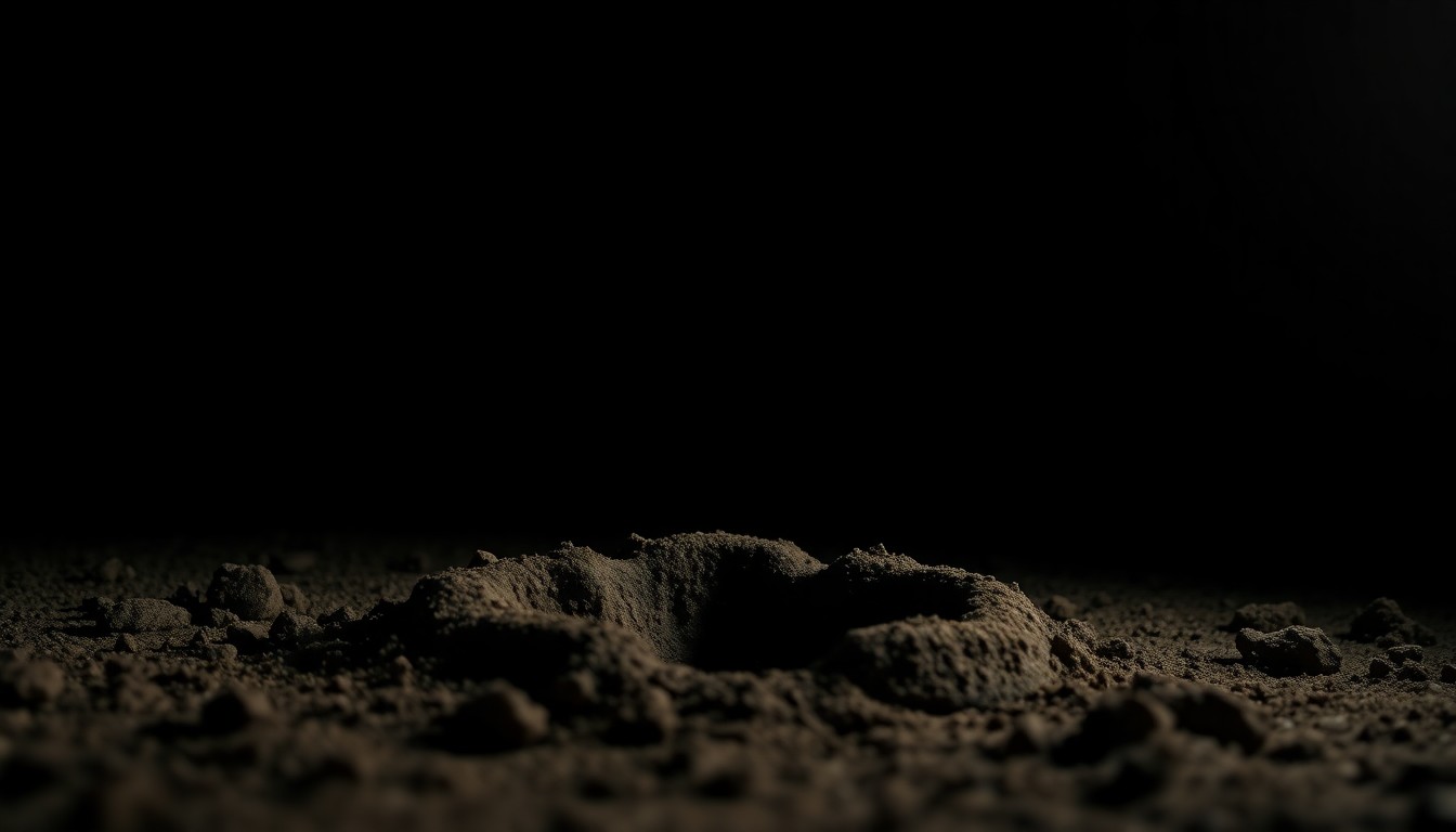 An extreme close-up photograph of a cow hoof print in the dirt, the texture and shadows dramatically emphasized by the harsh lighting, conceptually representing the variety of rural community concerns the sheriff's office must respond to.