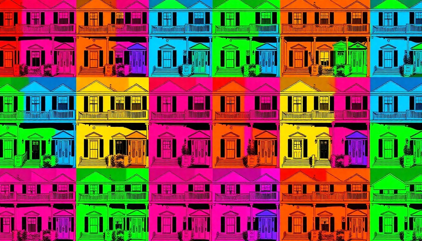 A highly stylized, silkscreen-inspired illustration of a historic two-story home in Georgetown, South Carolina, repeated in a grid pattern with bold, neon-like colors and heavy black outlines, capturing the iconic architecture in a modern, pop art style.