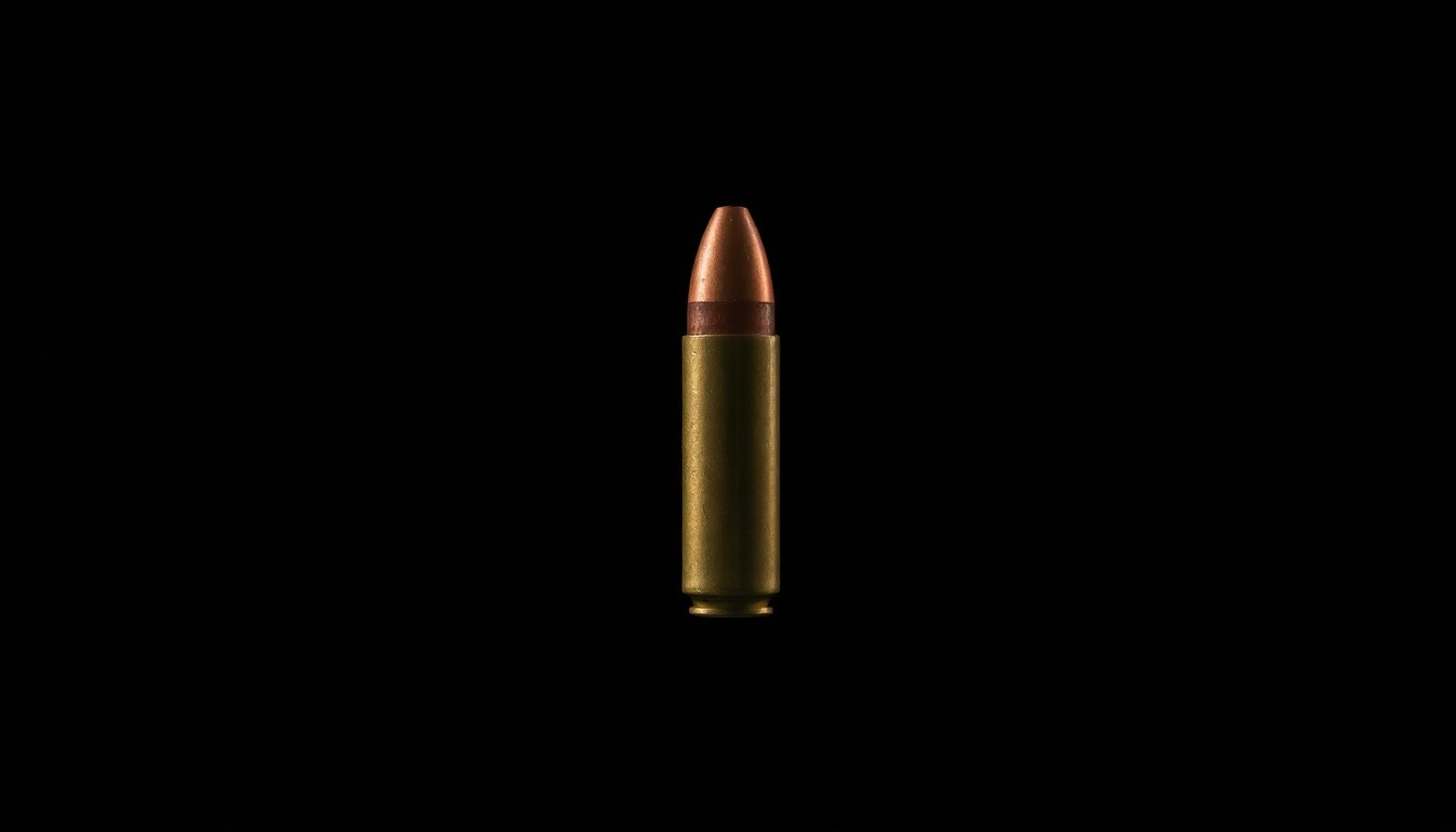 An extreme close-up photograph of a single bullet casing against a pitch-black background, lit by a harsh, direct camera flash, creating a stark, gritty, investigative aesthetic that conceptually represents the threat of violence.