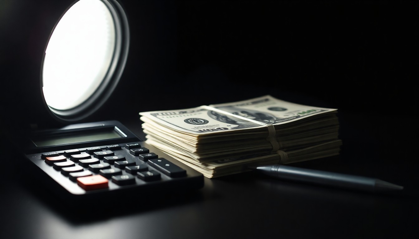 An extreme close-up photograph of a stack of cash, a calculator, and a pen on a dark background, lit by a harsh, direct camera flash, conceptually representing the financial irregularities uncovered at the High Museum of Art.