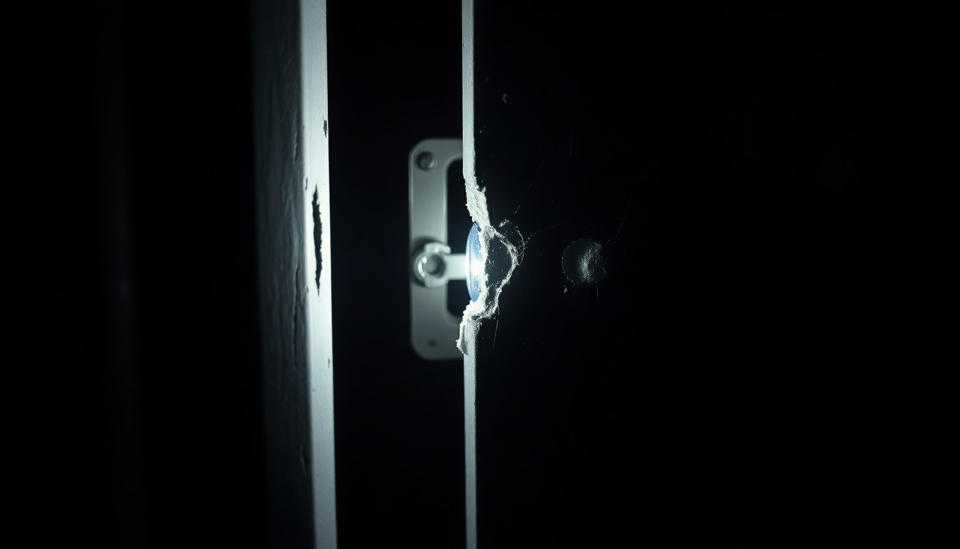 An extreme close-up of a damaged door frame, reflecting the harsh reality of a violent home invasion that took an innocent life.