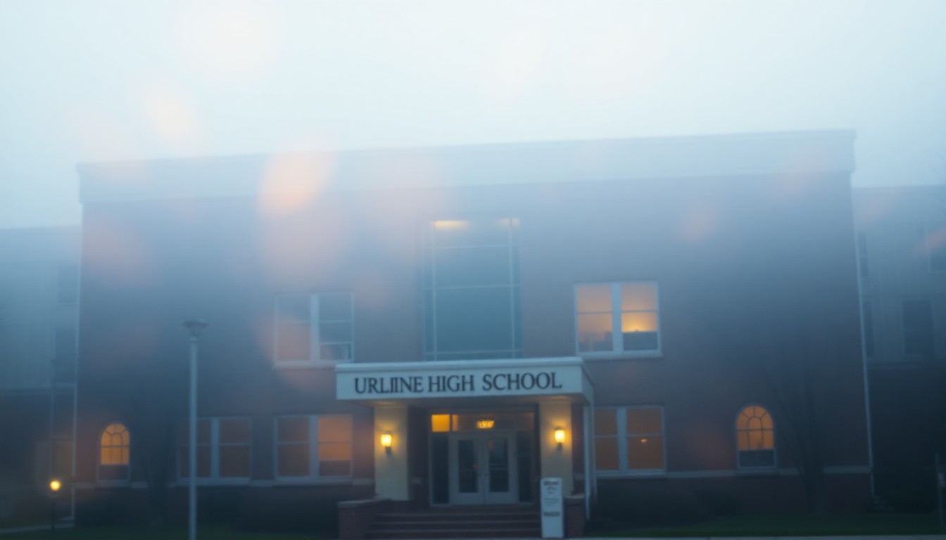 An impressionistic, blurred photograph of a school building's exterior, with warm, glowing light creating a dreamlike, atmospheric scene.