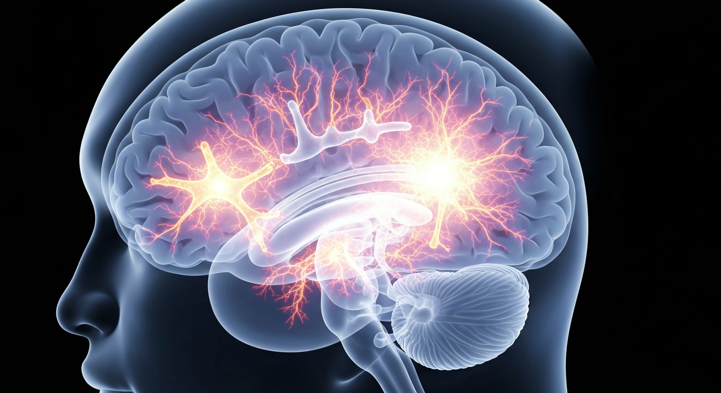 A translucent, ghostly X-ray image of a human brain, with glowing neural pathways and structures representing the effects of Parkinson's disease. The clinical yet hopeful image conveys the internal workings of the brain and the potential for technology-enabled therapies.