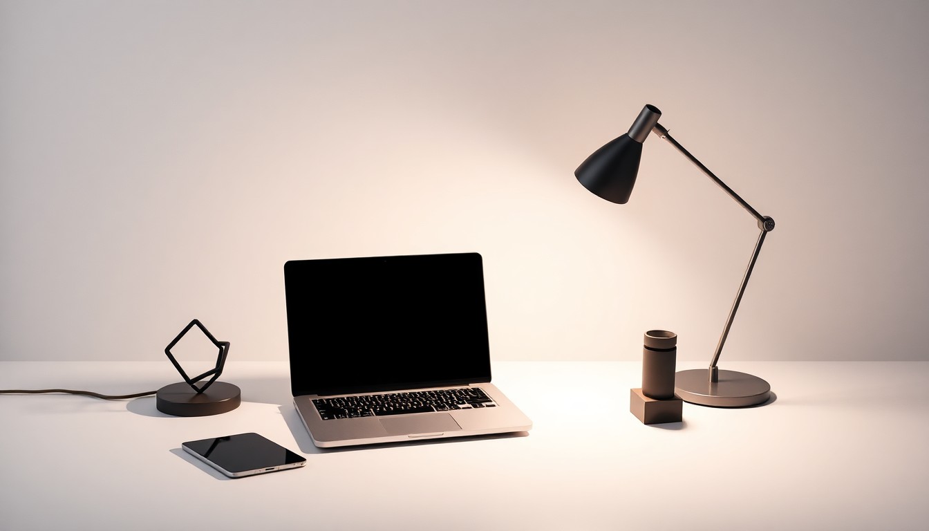 A minimalist, high-end studio still-life photograph featuring a sleek laptop computer, desk lamp, and geometric office accessories arranged elegantly on a clean, monochromatic background, conceptually representing Disney's corporate strategy shift and technological transformation.