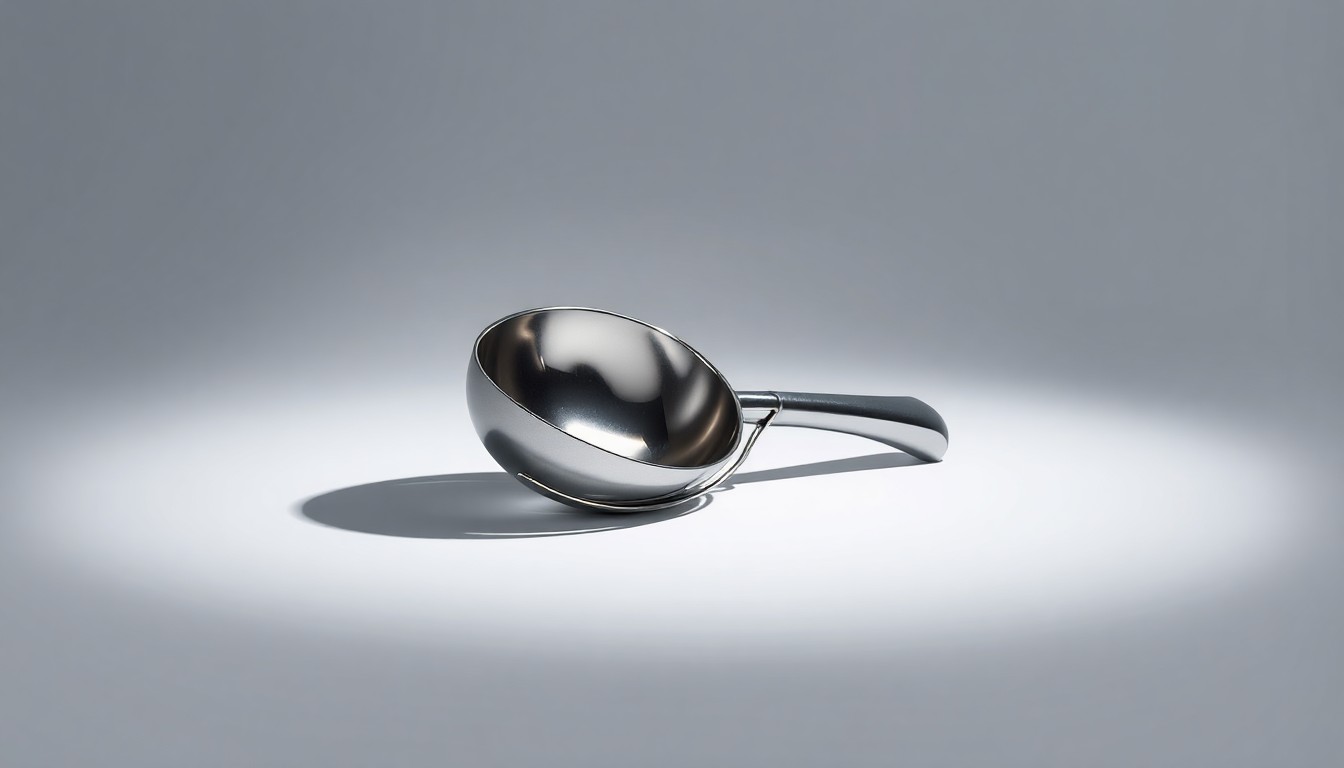 A highly polished, metallic sculpture in the shape of an ice cream scoop rests on a clean, monochromatic background, casting dramatic shadows and symbolizing the abstract corporate forces behind the Ben & Jerry's brand.
