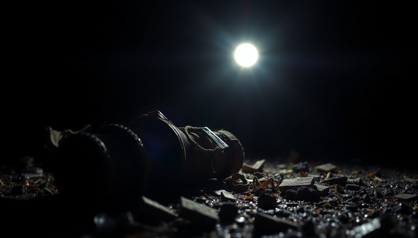 An extreme close-up photograph of a twisted, damaged piece of camp equipment or debris, lit dramatically by a harsh flash against a dark background, conceptually representing the aftermath and investigation of the deadly Camp Mystic flood.
