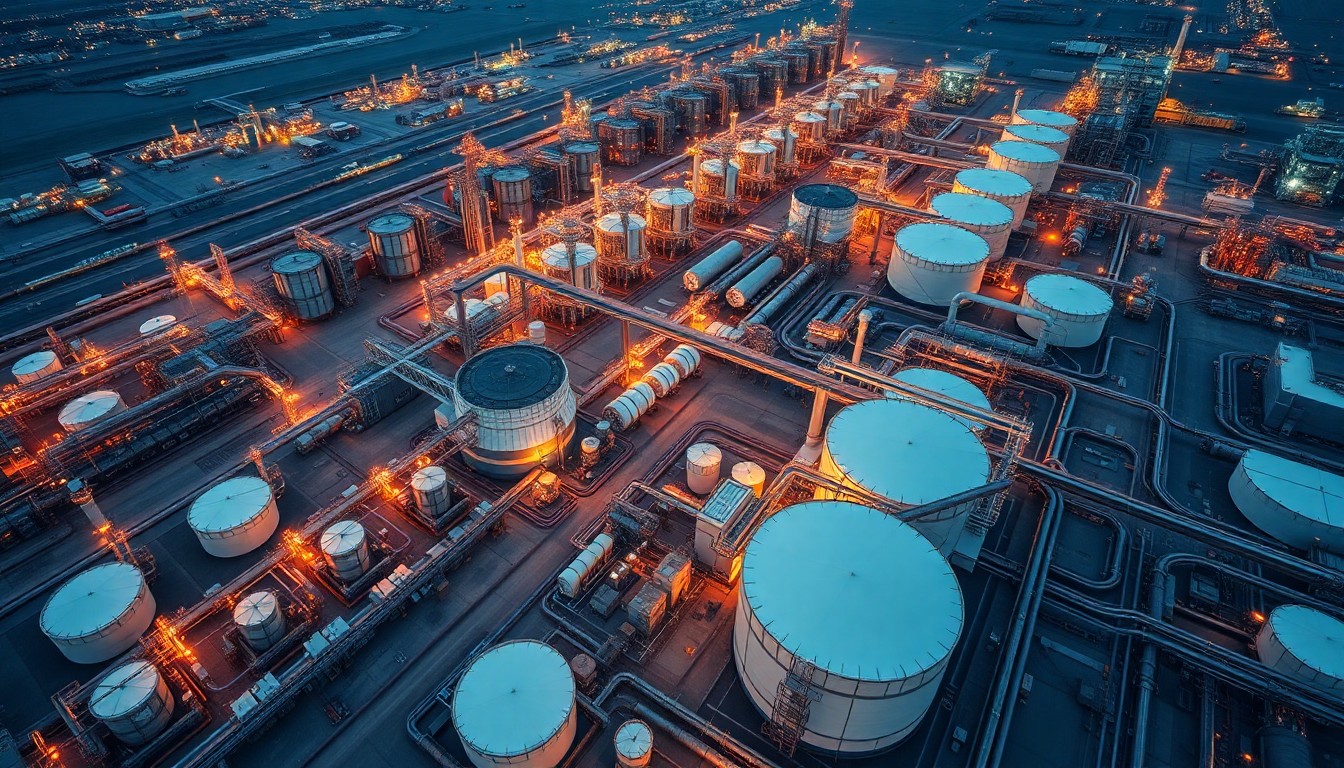 An extremely detailed, bird's-eye-view photograph of an oil refinery complex with rows of massive storage tanks, pipelines, and processing units, conveying the scale and complexity of the global energy infrastructure that has been disrupted by the Iran conflict.