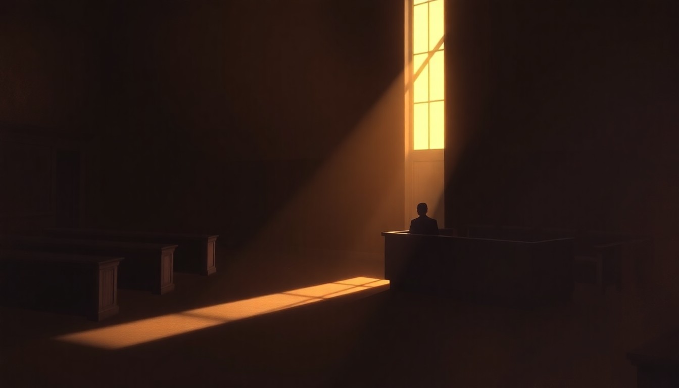 A solitary figure sits alone in a dimly lit courtroom, the scene bathed in warm, diagonal sunlight and deep shadows, conveying a sense of quiet contemplation and the weight of the legal system.