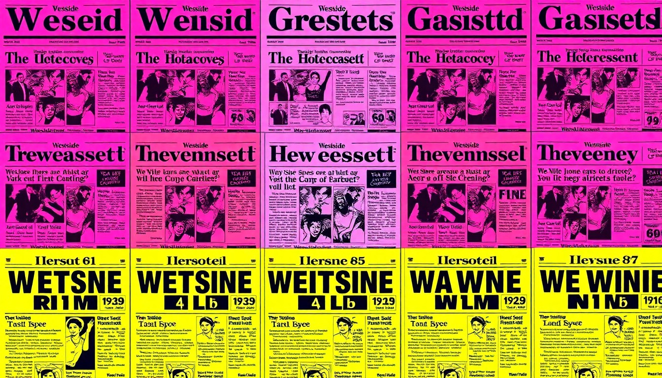 A brightly colored, high-contrast silkscreen print of an iconic newspaper front page, repeated in a tight grid pattern, capturing the community-driven spirit of the Westside Gazette.