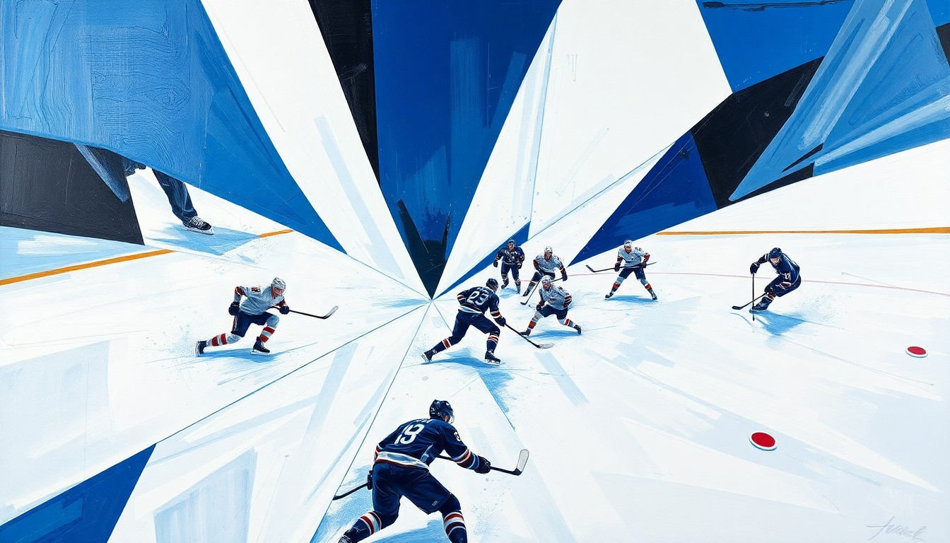A fractured, cubist-style painting depicting an abstracted hockey game, with players and the ice broken down into sharp, overlapping geometric shapes in a dynamic, angular composition using deep blues, bright whites, and metallic silvers.