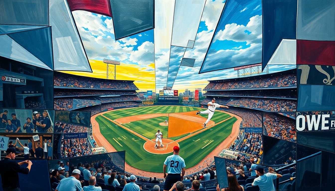 A fragmented, geometric painting depicting a baseball game, with the players and field broken down into sharp, overlapping planes of color and shape.