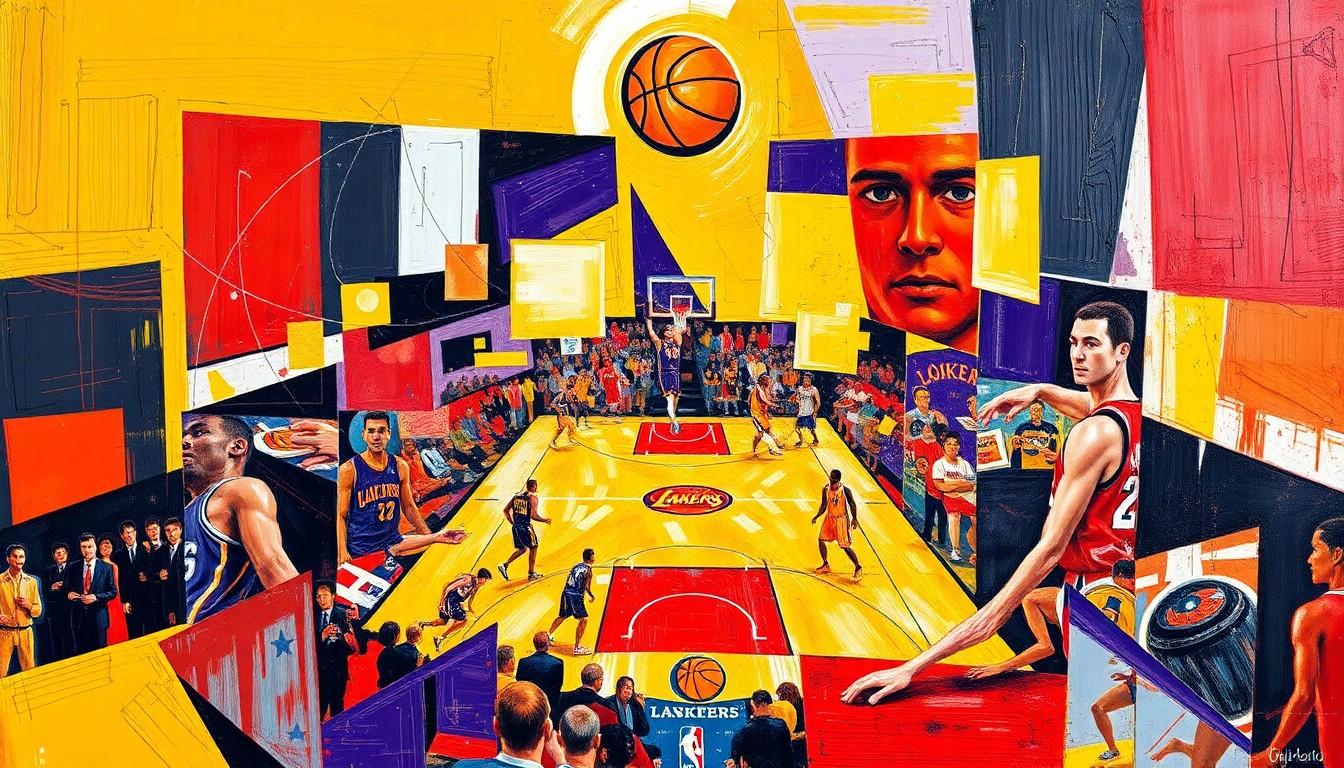 A fragmented, cubist-style painting depicting a basketball game, with the players and court broken down into sharp, overlapping geometric shapes in Lakers gold, purple, and Rockets red, conveying the challenge the Lakers face without their injured stars.