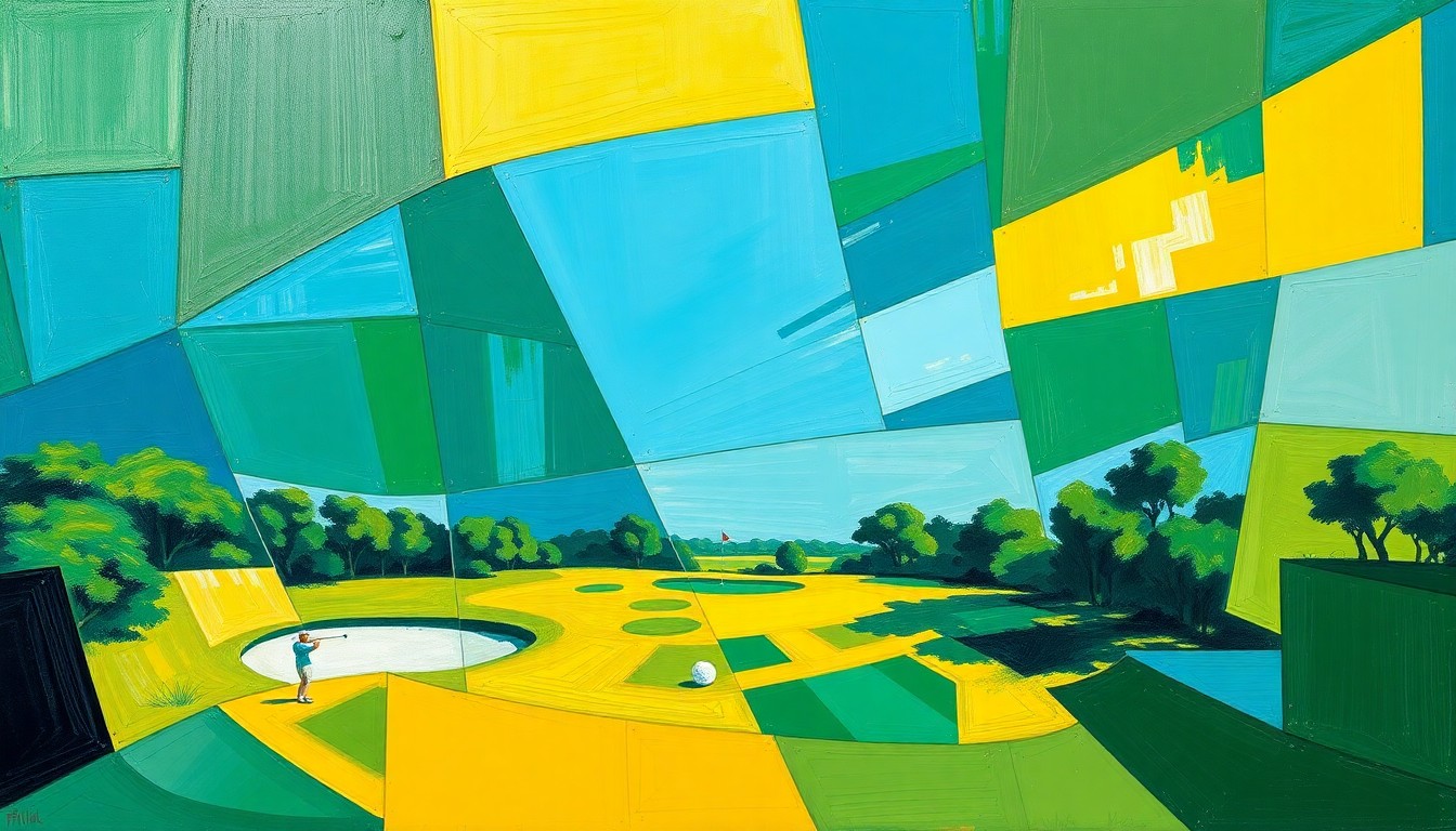 A cubist, geometric painting depicting a fragmented, multi-angled view of a golf tournament, with sharp planes of emerald green, sky blue, and golden yellow hues.
