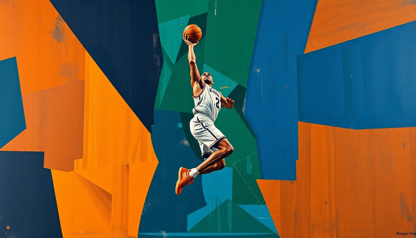 A cubist-style painting depicting a basketball player in mid-jump shot, broken down into sharp, overlapping geometric shapes in a palette of navy blue, forest green, and burnt orange, conveying the dynamic energy of the sport.