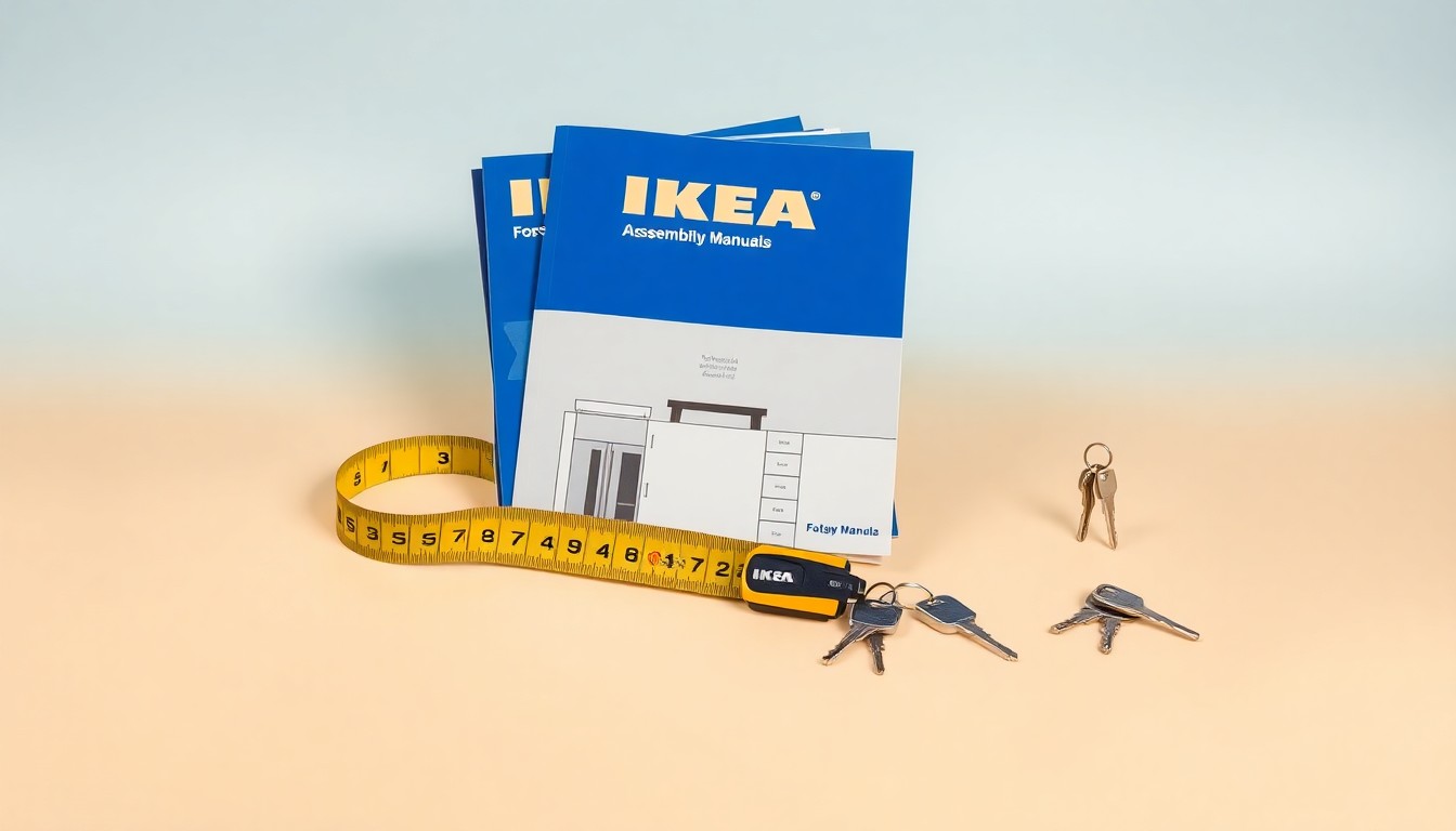 A minimalist studio still life photograph featuring a stack of IKEA furniture assembly manuals, a tape measure, and a set of keys arranged on a clean, monochromatic background, conceptually representing the growth of national retail brands in Sarasota's evolving commercial landscape.