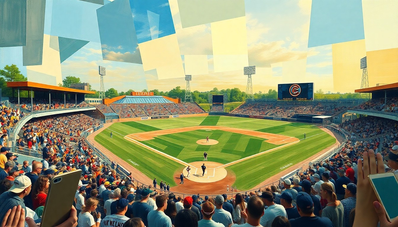 A cubist, geometric painting depicting a high school baseball or softball game, with the players, field, and crowd reduced to abstracted shapes and planes of color.