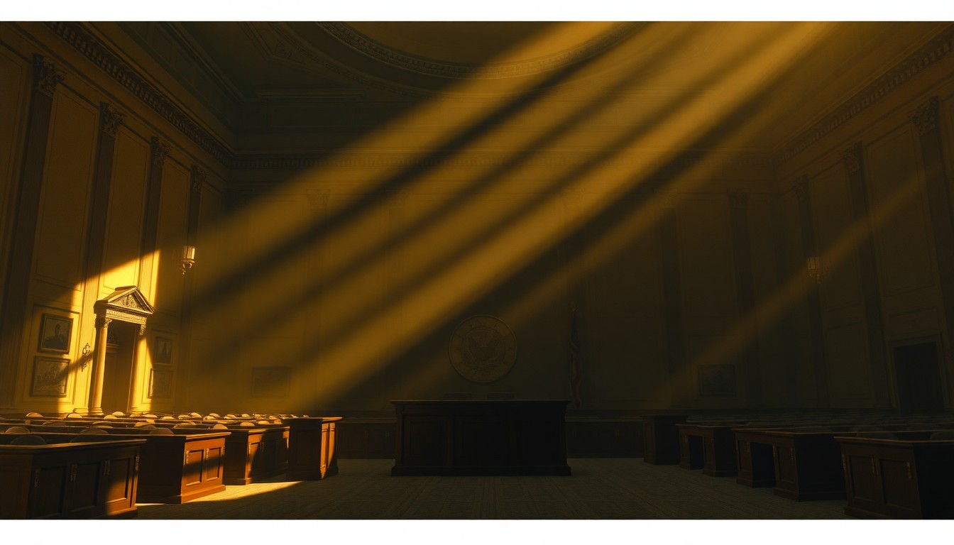 A dimly lit, cinematic painting of an empty government office or legislative chamber, with warm sunlight streaming in through the windows and creating deep shadows across the room, conveying a sense of somber political deliberation.