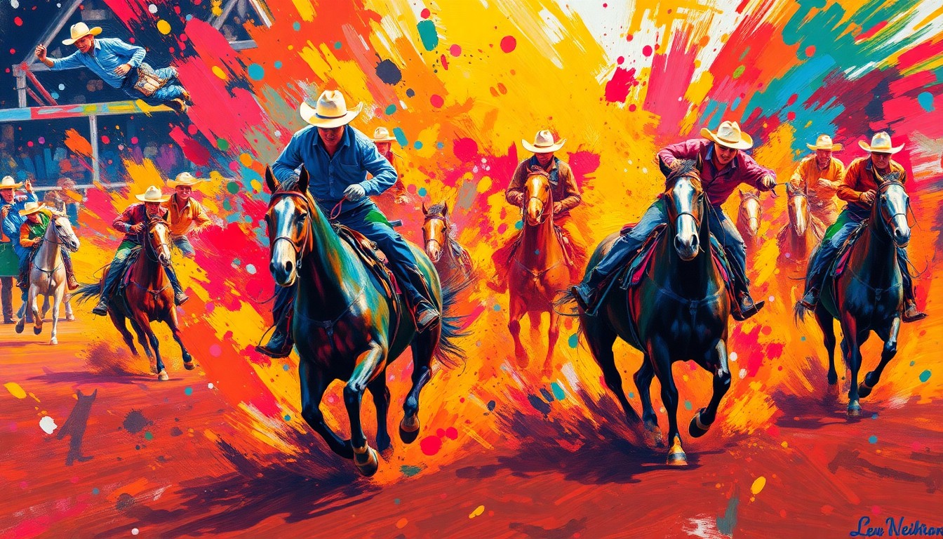 A vibrant, expressionist painting depicting the raw energy and motion of a rodeo event, with cowboys, horses, and rodeo equipment rendered in a blur of neon colors and energetic brushstrokes.