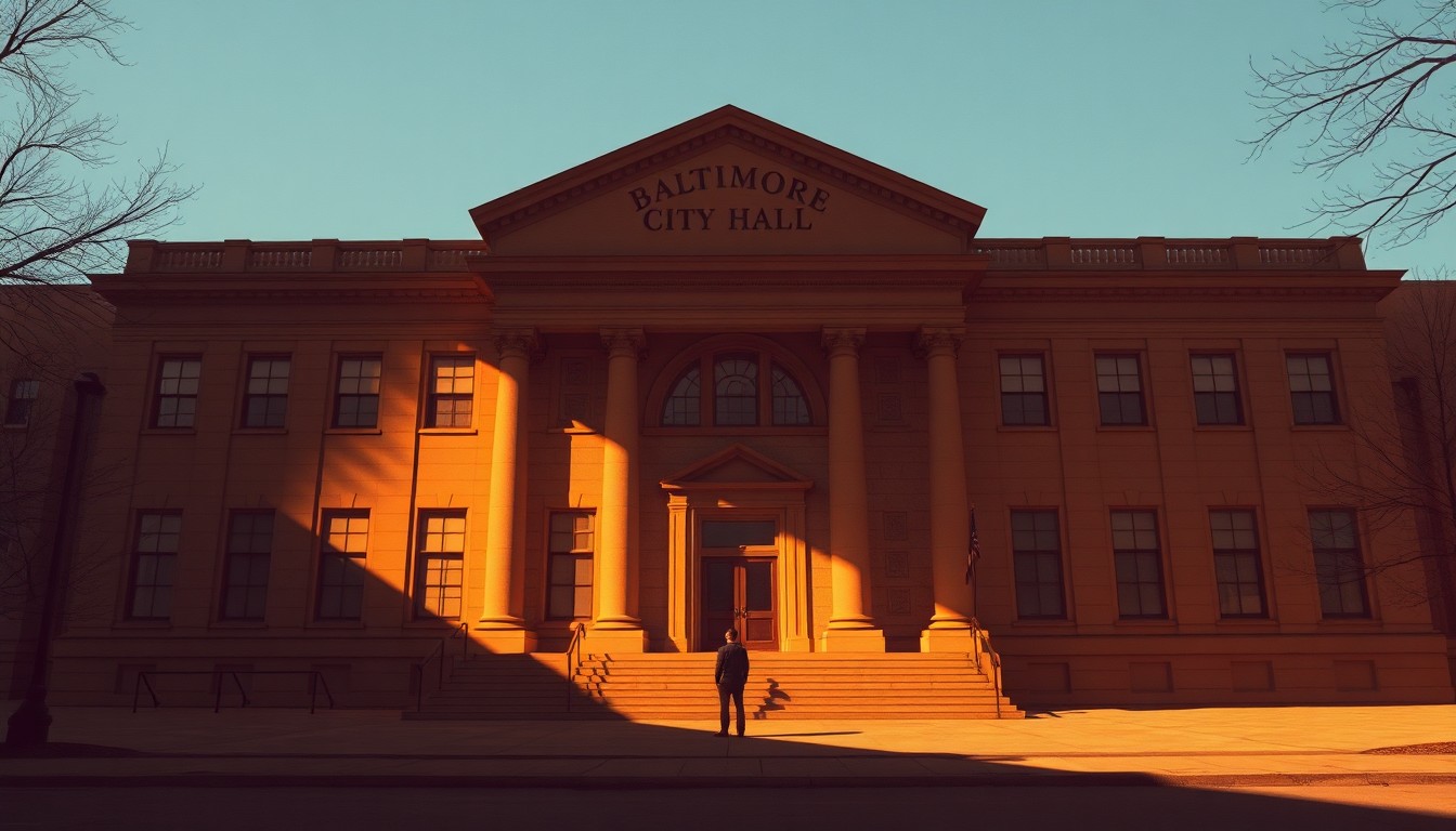 A quiet, cinematic painting of the Baltimore City Hall building bathed in warm, diagonal sunlight and deep shadows, with a lone figure standing in front of the entrance, conveying a sense of solitude and tension.