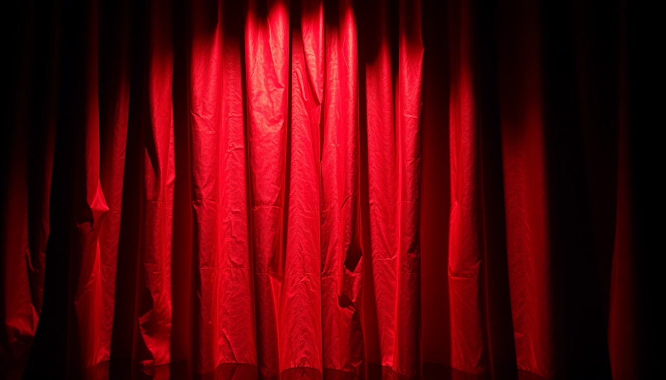 An extreme close-up of a crumpled, shimmering theater curtain in dramatic, high-contrast lighting, capturing the emotional intensity and high-stakes drama of a Shakespearean performance.